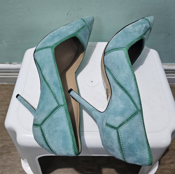 NEW ROGER VIVIER Green Suede Two Tone Leather Pointed Toe Stiletto Heels sz 36 - Picture 14 of 15